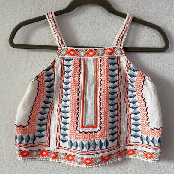 Anthropologie Bohemian Embroidered Linen Cotton Blend Crop Top Sz US 00 Aztec - Picture 5 of 8